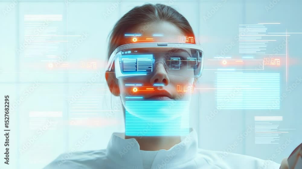Poster Futuristic laboratory scientist wearing augmented reality glasses analyzing data and code displayed on a transparent screen, making important choices for research and development