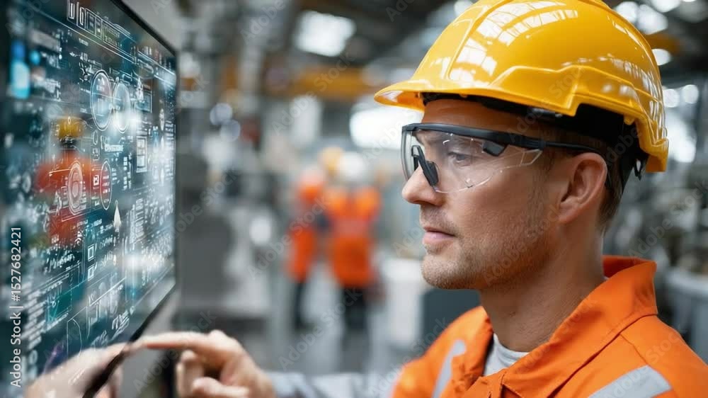 Aufkleber engineer inspecting digital display: a focused engineer in a safety helmet and protective eyewear ca