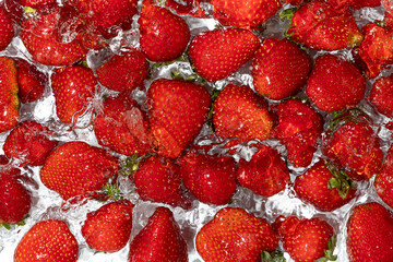 Ripe whole strawberry in water, berry splash, summer background, top view