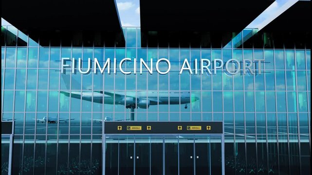 Airlane landing at Fiumicino Airport. Arrival in the city with reflection of airport and aircraft