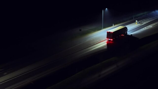 Truck moving on road at night, nonstop cargo delivery. Freight transport driving through darkness, headlights lighting way. Lorry traveling along highway under streetlights, beams illuminating route
