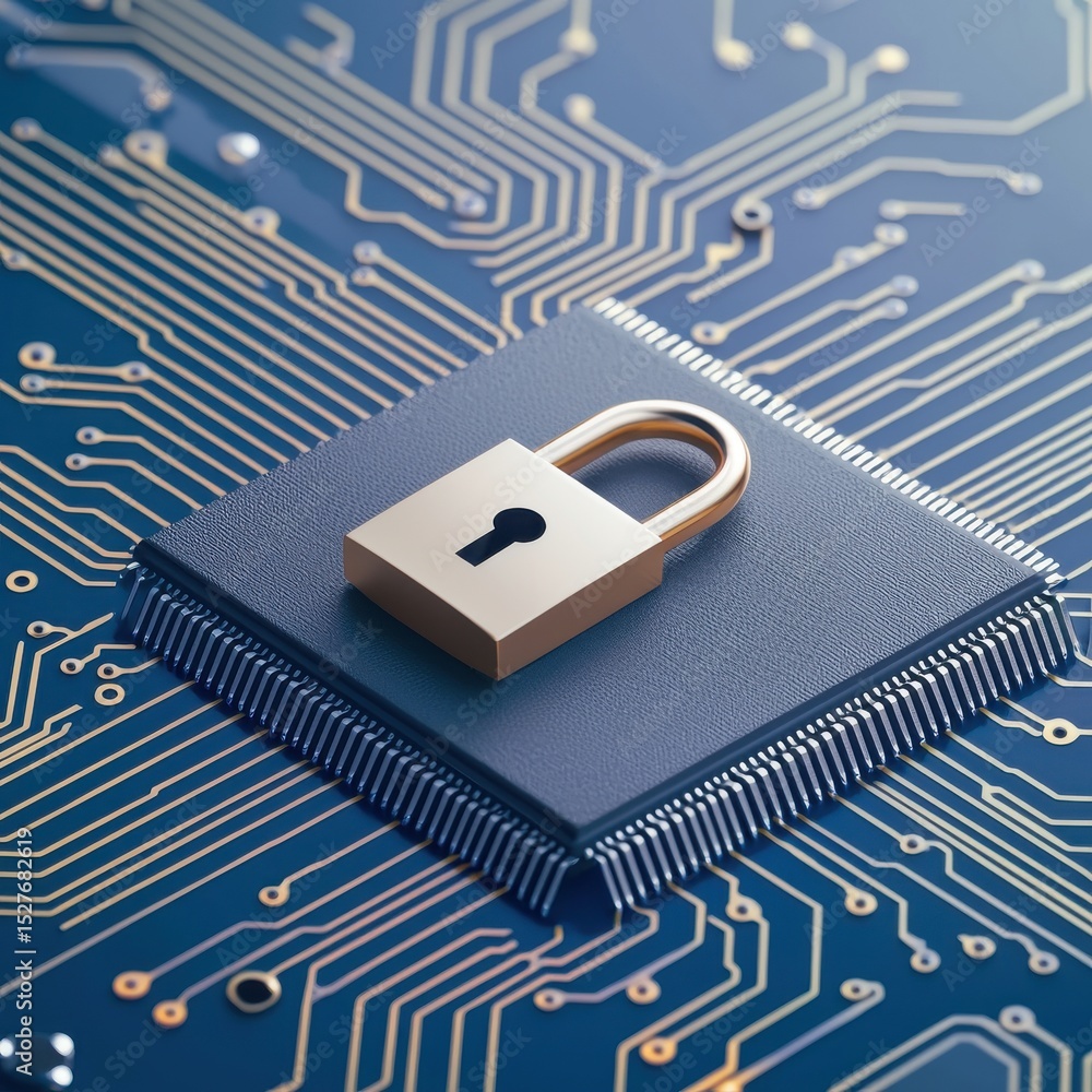 Poster a digital lock is placed on a circuit board, symbolizing cybersecurity and data protection in a mode