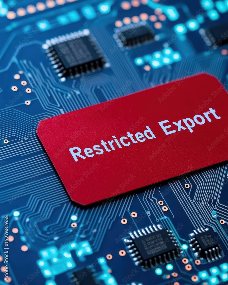 Poster semiconductor export controls concepts. a close-up of a circuit board featuring a red label that rea