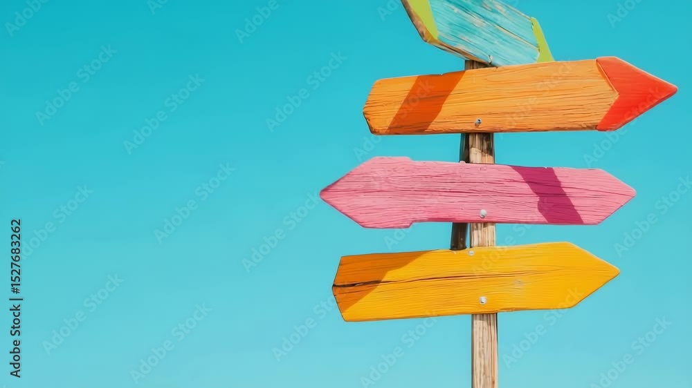 Poster Weathered wooden signpost displaying colorful directional arrows against serene blue sky, symbolizing complex decision making process and multiple potential life paths