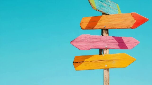 Weathered wooden signpost displaying colorful directional arrows against serene blue sky, symbolizing complex decision making process and multiple potential life paths
