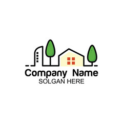 Eco-Friendly Real Estate Logo Design with House, Trees, and Urban Elements