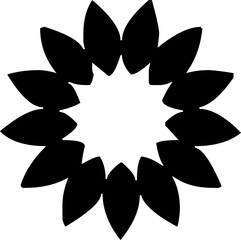 Stylized black and white flower graphic with pointed petals radiating from a central space, used as a symbol, icon, or decorative element.