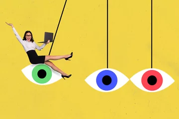Gordijnen Composite artwork 3D photo collage trend template of young lady sit eye hold laptop smile search watch escape see security eye control © deagreez