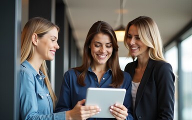 Obraz premium Smiling businesspeople with tablet collaborating on a start up project. High quality