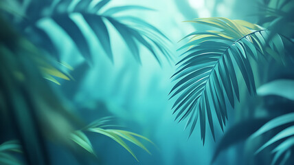 Serene tropical palm leaves in soft teal and green hues creating a peaceful background