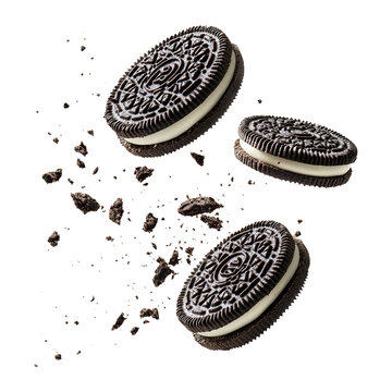 flying Oreo cookies with crumbs isolated on transparent white background png, clipping path