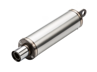 motorcycle exhaust silencer white background component attached to exhaust pipe used to reduce engine noise sleek metal tube design performance accessory transparent background