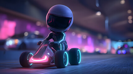 3D cartoon of a cyberpunk hover car racer kid