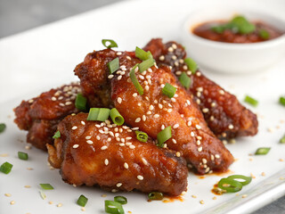 Delicious chicken wings garnished with sesame seeds and green onions, served with a spicy dipping sauce on a white plate.