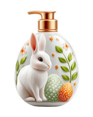 Recyclable cosmetic containers styled for festive gifting, flat art style icon of a refillable shampoo bottle with bunny and egg pastel patterns. Recyclable beauty containers with transparent