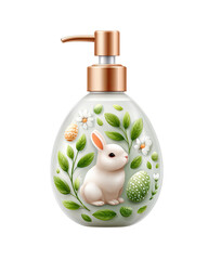 Recyclable cosmetic containers styled for festive gifting, flat art style icon of a refillable shampoo bottle with bunny and egg pastel patterns. Recyclable beauty containers with transparent