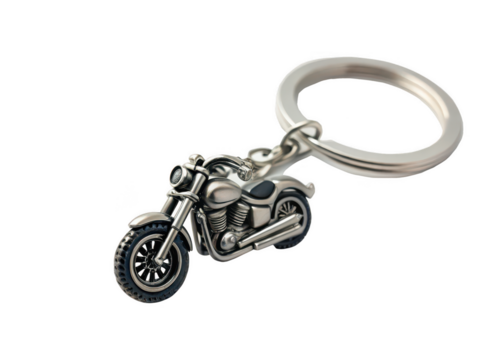 motorcycle keychain white background miniature motorcycle-themed accessory for holding keys made of metal leather or rubber biker gear collectible transparent background