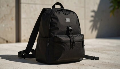 A sleek black backpack rests on a light-colored surface, showcasing its modern design and spacious compartments for daily essentials and travel.