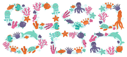 Fototapeta premium Underwater sea life frames, nautical borders with whimsical cartoon weeds and aquatic creatures