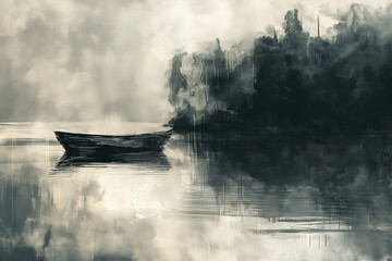 Watercolor Painting of a Boat on Water Surface, Lake or Sea. Elegant and Artistic Composition with Organic Textures. Generative AI