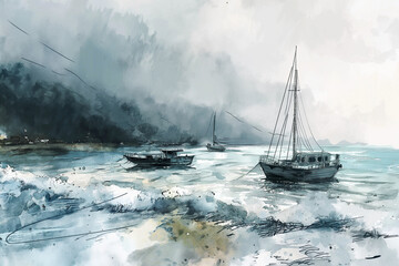 Watercolor Painting of a Boat on Water Surface, Lake or Sea. Elegant and Artistic Composition with Organic Textures. Generative AI