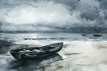 Watercolor Painting of a Boat on Water Surface, Lake or Sea. Elegant and Artistic Composition with Organic Textures. Generative AI