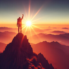 A person standing triumphantly on a mountain peak at sunrise, symbolizing personal accomplishment.