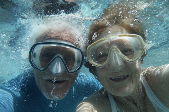 urlaub, spass, fun, rentner, senioren, paar, päärchen, mann, reifm alt, frau, maske, wasser, schnorchel, baden, pool, junge, spaß, sommer, kind, tauchen, unter wasser, meer, aqualung, beach, schnorche