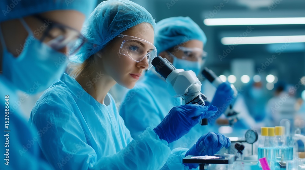 Poster scientists conducting research in a laboratory while using microscopes during a collaborative experi
