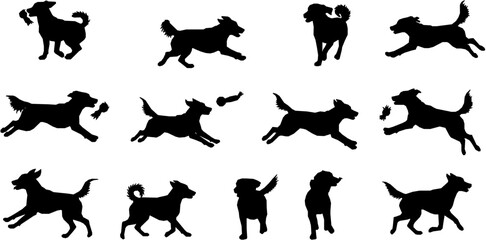Dog playing fetch silhouette vector art black color design and solid white background
