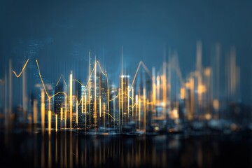 Abstract gold finance graphs over city skyline for investment visuals

