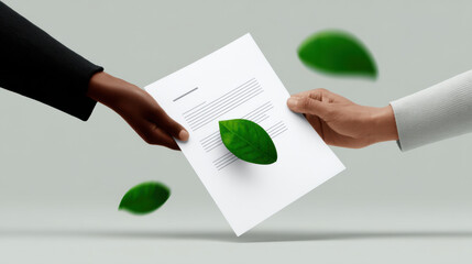 Two hands exchanging document with green leaf it, symbolizing environmental agreement or eco friendly collaboration, with additional leaves floating background, conveying sustainability and nature