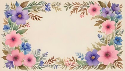 Obraz premium Watercolor floral frame with pink, purple, and blue flowers on a beige background.