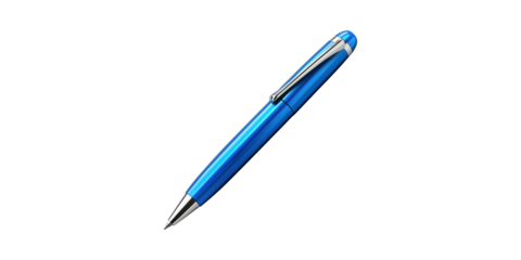 Blue Ballpoint Pen With Silver Clip. Writing Instrument For Office And School Use Isolated On Transparent Background