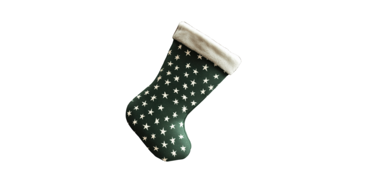 Green Christmas Stocking With Stars Pattern. Festive Holiday Decoration Isolated On Transparent Background