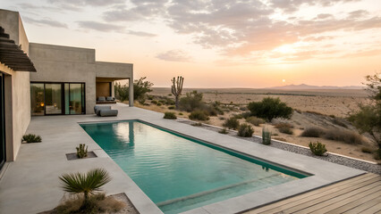 Modern desert house with a swimming pool at sunset. The landscape features arid terrain and sparse vegetation, creating a serene atmosphere.