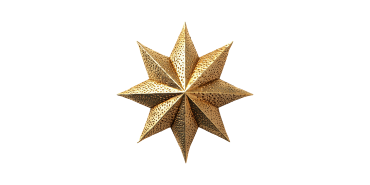Golden 3D Star Ornament. Festive Decoration And Holiday Symbolism Isolated On Transparent Background