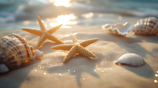Sunny beach scene featuring starfish and seashells on textured sandy surface