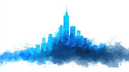 Modern City Skyline in Blue Watercolor Style with Cloudy Background