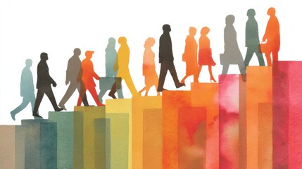 Diverse People Walking Up Colorful Steps, Expressing Growth and Progress