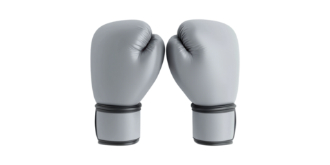 Boxing Gloves In Neutral Gray Color. Symbol Of Fitness, Combat Sports, And Training Equipment Isolated On Transparent Background