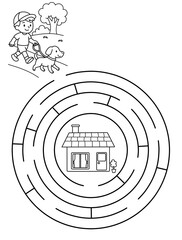 Maze activity sheet for children. Cute maze for kids. Kids labyrinth puzzle. Maze puzzle game for children with cute dog illustration.	