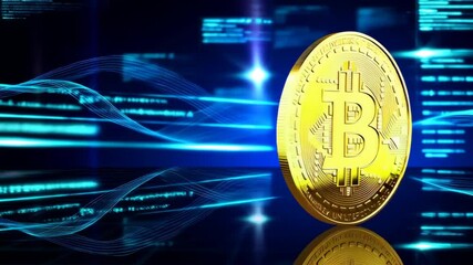 A highly detailed golden Bitcoin coin spinning upright on its edge in slow motion. The background is a dark futuristic cyberspace with glowing data streams. - Powered by Adobe