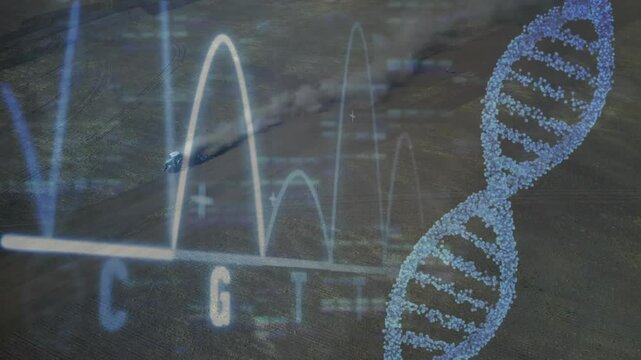 Pickup truck entering field kicking dust while DNA sequencing graph cycling peaks and helix pulsing