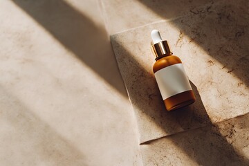 Luxury skincare dropper bottle mockup on stone with natural lighting
