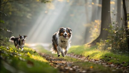 Obraz premium A pair of energetic dogs running joyfully through a sun dappled forest path