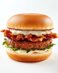 highresolution photograph of a levitating mini slider burger with golden bun and crispy bacon