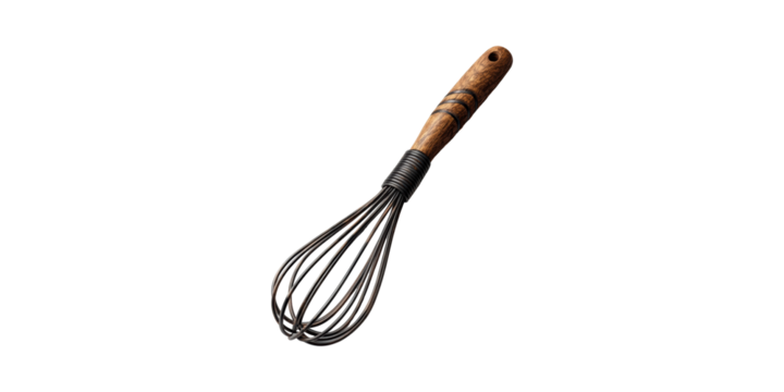 Wooden Handled Wire Whisk For Baking And Cooking. Essential Kitchen Utensil For Mixing And Blending Isolated On Transparent Background
