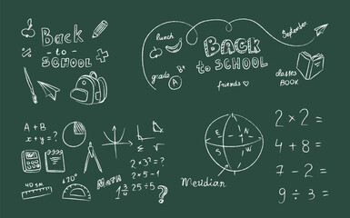 Classroom chalkboard with school subject handwritten chalk doodles, diagram, mathematical solution