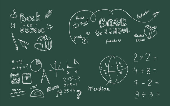 Classroom chalkboard with school subject handwritten chalk doodles, diagram, mathematical solution